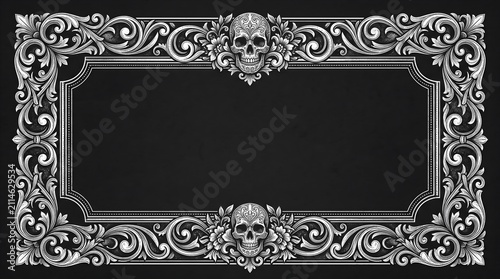 Ornamental gothic frame with skull and floral scrollwork on black background