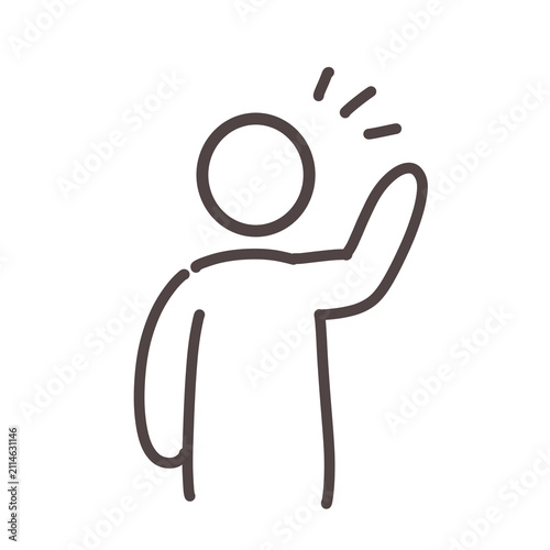 Hand drawn stick figure raising hand line art icon. Simple doodle person greeting or answering isolated on white background for communication and volunteer design.