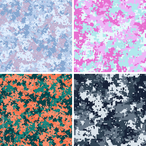 Four seamless camouflage swatches feature denim, rose, walnut, navy palettes plus broken organic marks, tropical pack suits prints, backdrops, scrapbooking, graphics, textiles, covers, graphics asset.