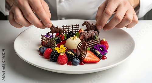 Professional Chef Plating an Artistic Gourmet Chocolate Dessert with Fresh Berries and Edible Flowers