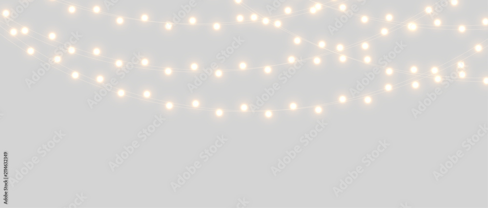 Obraz premium Vector Christmas lights on a transparent background. Christmas light PNG. Set of Christmas glowing garlands. For advertising invitations, web banners, postcards. Vector. Christmas decoration, LED lam