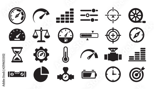 Performance gauges and technical diagnostic monitoring glyph icon set