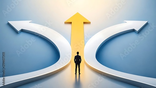 Businessman standing at diverging arrow path looking towards central golden route illustrating strategic choice