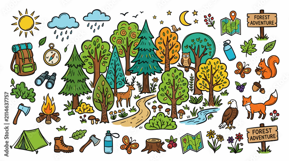 Obraz premium Forest Nature Doodle Illustration, Colorful Hand Drawn Woodland Landscape Style