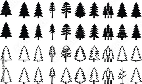 Canvas Print Pine tree silhouettes and outline icons, 40 evergreen forest conifer vector elem