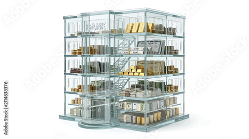 Transparent bank building filled with cash and gold bars