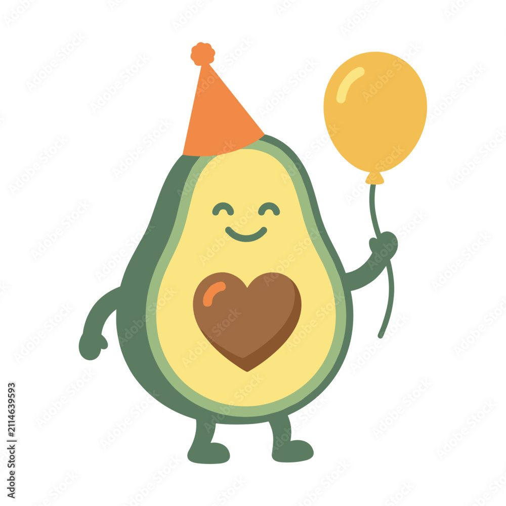 Fototapeta premium Cute avocado character celebrating with a party hat and holding a yellow balloon. Features a heart shape on its body. Perfect for food, celebration, and healthy lifestyle themes.