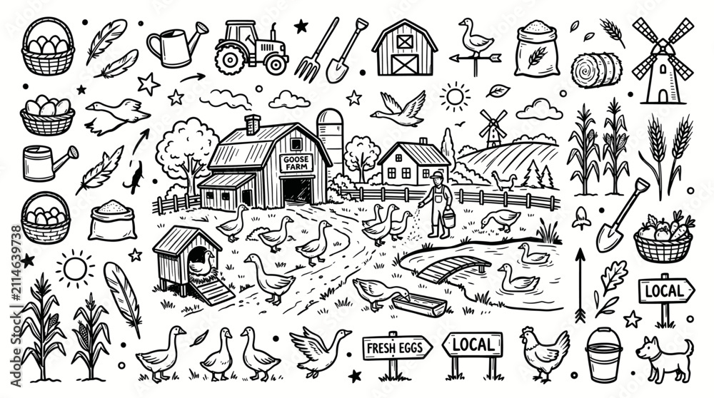 Fototapeta premium Goose Farm Doodle Illustration, Hand Drawn Rural Animal Farm Line Art Style