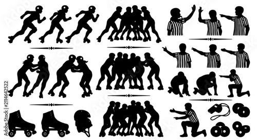 Roller Derby Silhouettes, Action Poses, Referee Signals, Equipment Icons, Vector Set for Sports Graphics