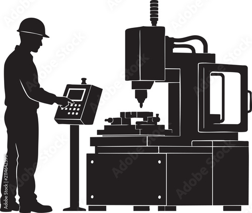 CNC Machine Operator Controlling Industrial Milling Machine Silhouette Vector