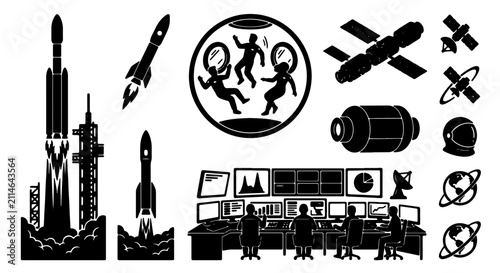 Space Exploration Icons, Rocket Launch Set, Astronauts in Orbit, Mission Control Center, Satellite Collection, Vector Graphics for Cosmic Projects