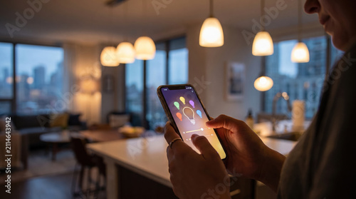 Person controls smart lights with phone in an apartment during evening time
