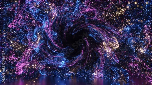 Swirling vortex of glowing blue and pink particles in darkness