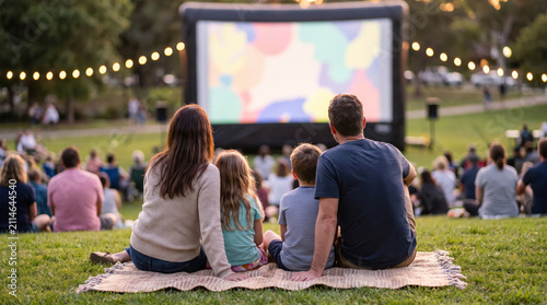Family enjoys outdoor movie at park on a warm evening with friends and lights in the background
