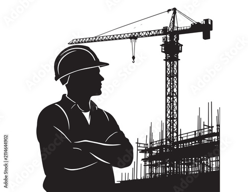 Construction worker silhouette with tower crane against a white background
