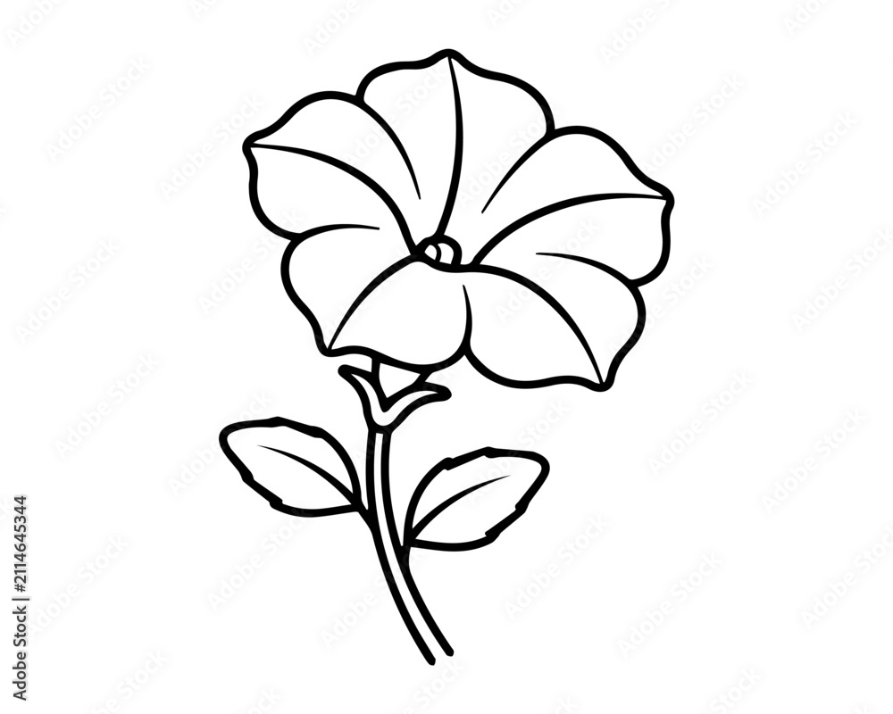 Obraz premium Simple black and white line art illustration of a single petunia flower with leaves on a stem