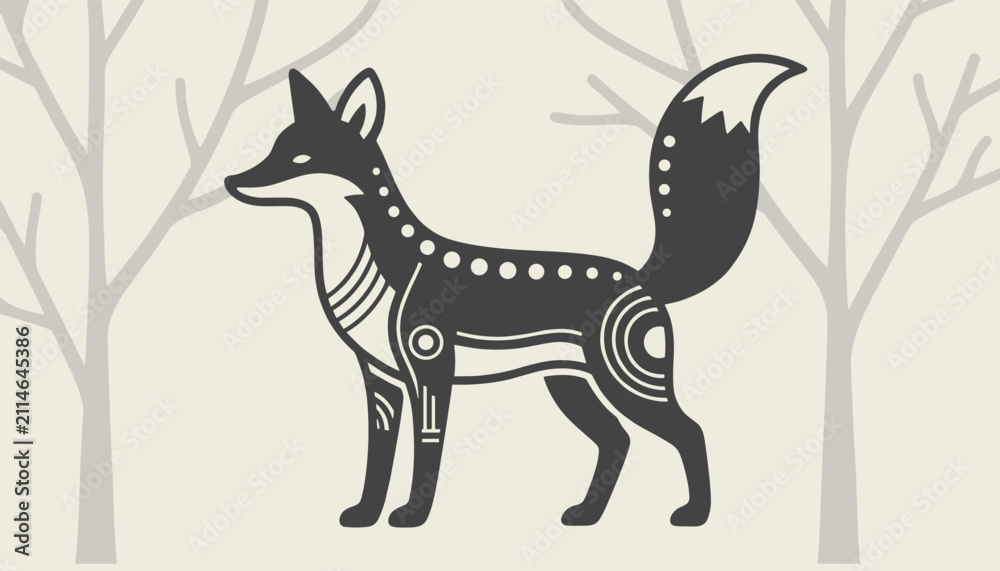 Fototapeta premium Artistic black and white fox illustration with decorative tribal patterns standing in a minimalist forest.