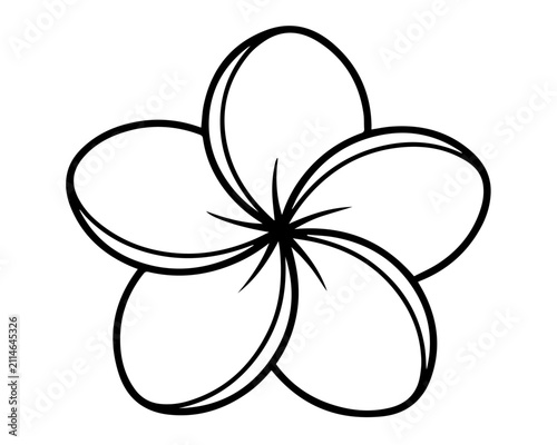 A simple black and white line art illustration of a tropical plumeria flower isolated on a white background