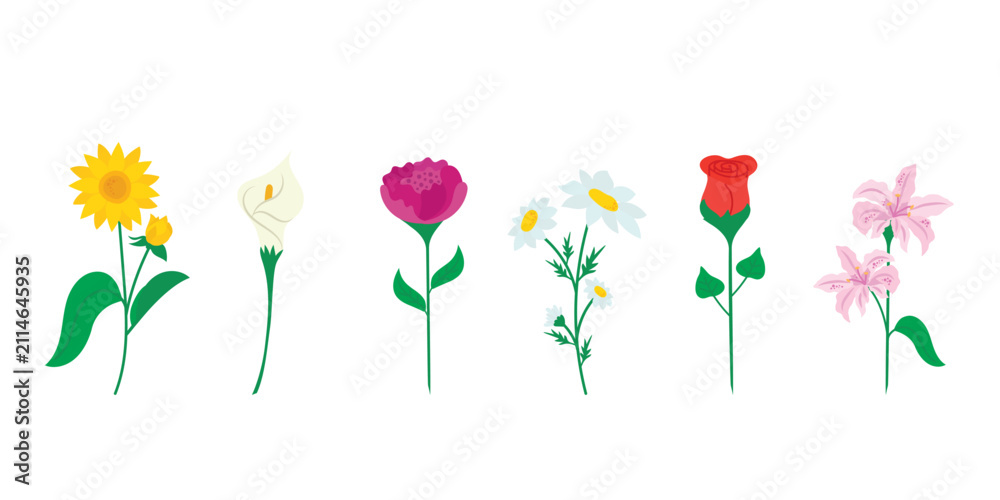 Obraz premium Floral vector collection with sunflower rose lily daisy peony and calla lily blooms