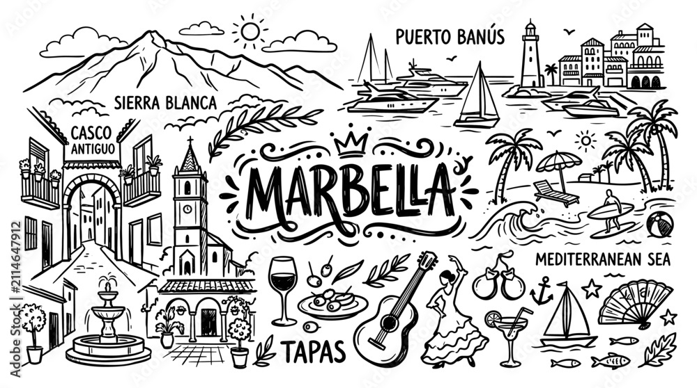 Fototapeta premium Marbella Spain Hand Drawn Travel Doodle Illustration, Mediterranean City Map Line Art Style