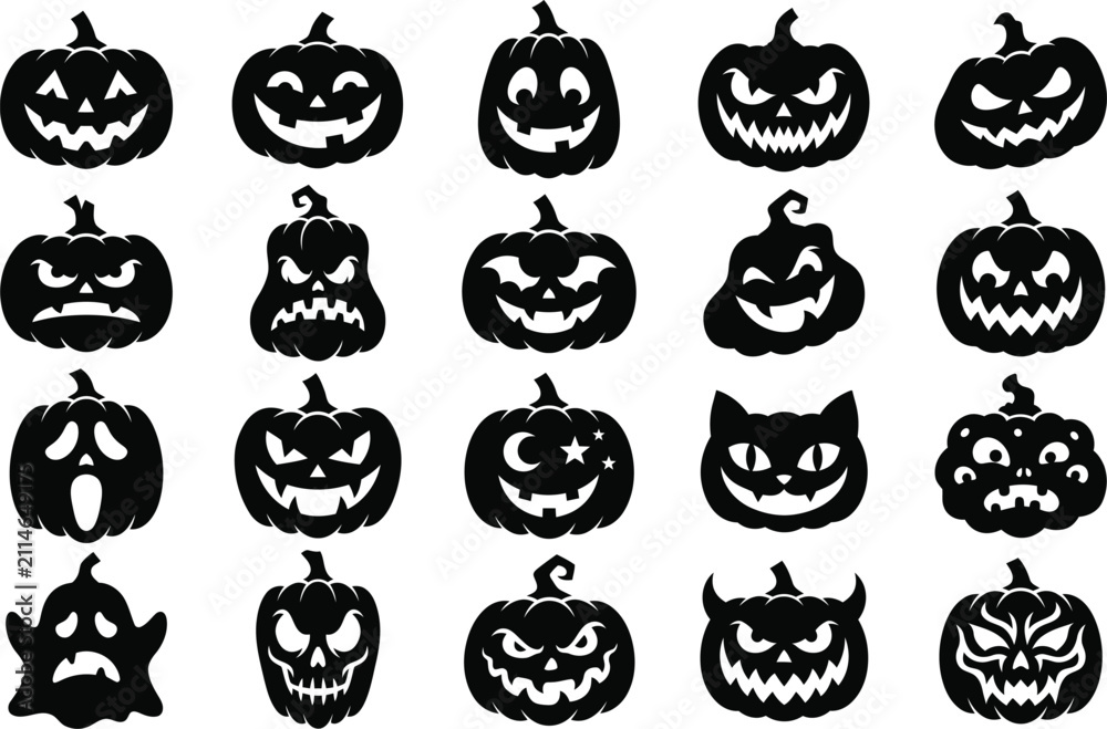 Obraz premium A collection of various hand drawn spooky pumpkin jack o lantern faces for halloween decorations and graphic design projects