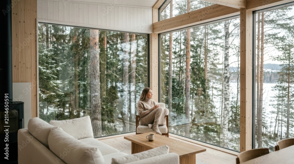 Obraz premium Cozy winter cabin retreat with panoramic windows overlooking a snowy forest landscape