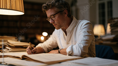 Journalist in a candlelit archive room mid-process of reviewing contract signing documents spread across a mahogany table, moody lamplight casting long shadows over investigation