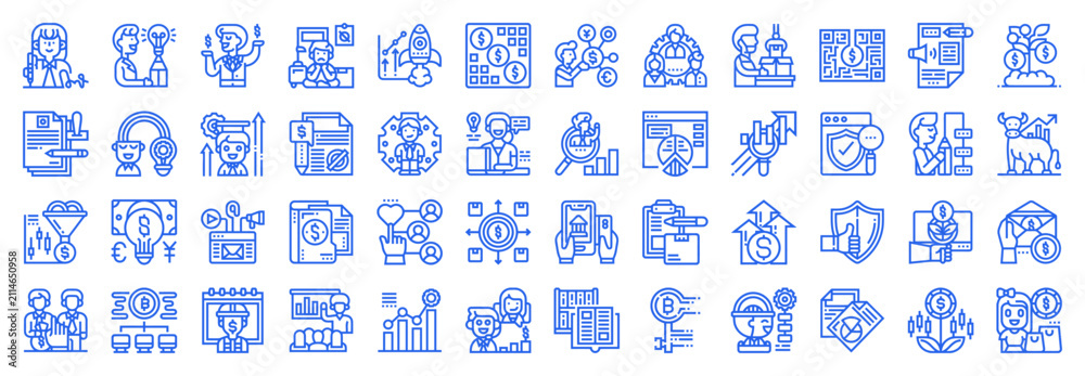 Fototapeta premium Investment and Career Growth Line Icon Collection Featuring Global Finance and Digital Assets on Transparent Background