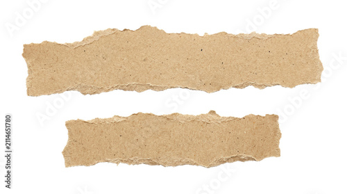 Torn brown paper strips on white background.