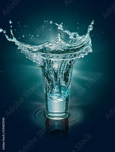 Glass of Water with Dramatic Crown Splash on Teal Background