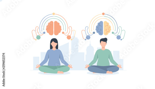 Man and woman meditating in lotus position with abstract colorful left and right brain graphics showing balance.