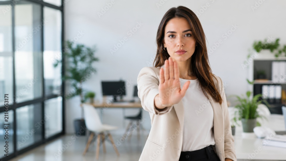 Obraz premium Female business professional in a beige blazer holds up hand in a stop gesture, standing in a modern office with desks and plants in the background