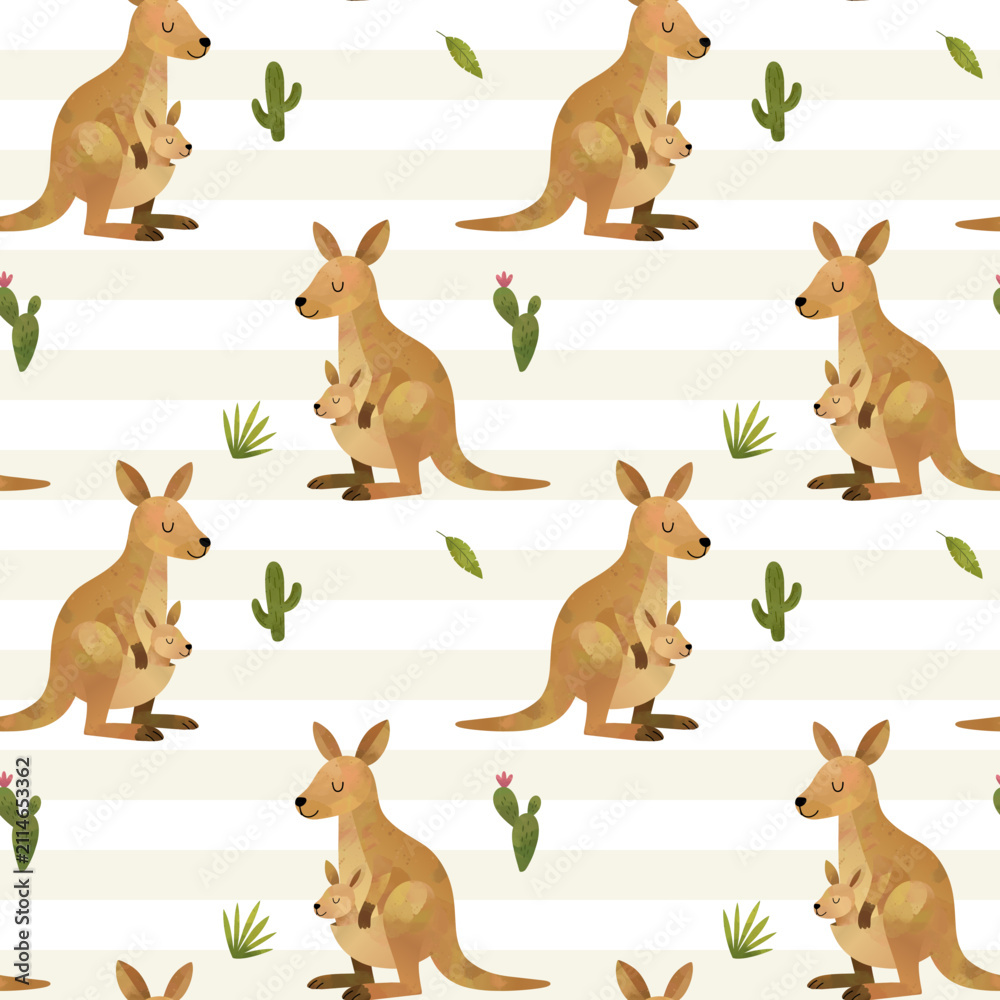 Fototapeta premium Watercolor kangaroo seamless pattern. Cute background with kangarool. Wild safari animal print. Desert wallpaper.