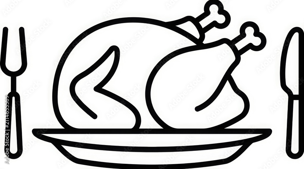 Fototapeta premium Food - Roasted turkey dinner icon on plate with fork and knife