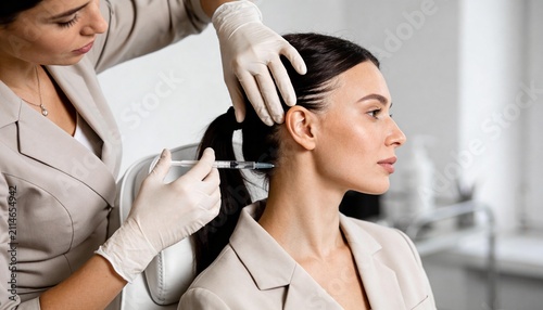 Female practitioner administering an injection to a patient's neck in a modern clinic. Professional aesthetic treatment or medical procedure. Cosmetic dermatology and healthcare concept