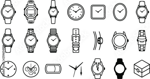 Konstfotografi Set of various hand drawn wristwatch icons isolated on white background for fash