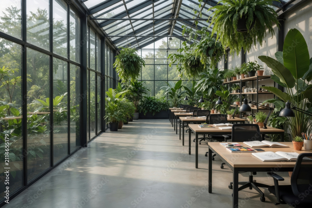 Fototapeta premium Modern office greenhouse workspace indoor plant natural light coworking space sustainable design biophilic interior glass wall open plan creative studio Diverse Workspace concept
