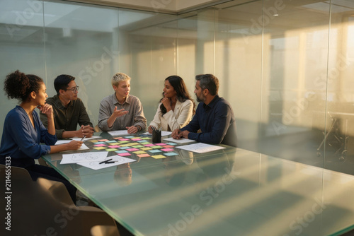 Modern office business meeting diverse team project planning creative discussion strategy collaboration glass conference room sticky note startup culture Modern office Diverse Workspace concept