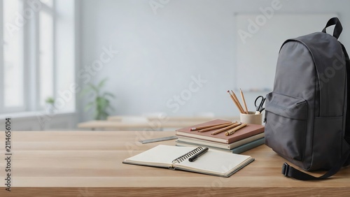Gray backpack with notebooks and stationery on wooden table
