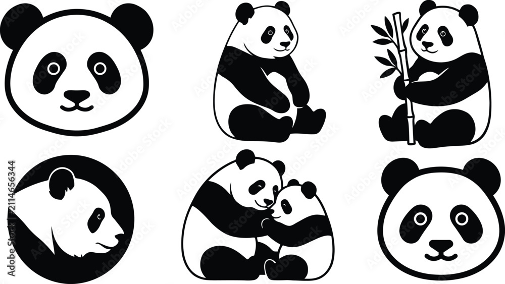 Obraz premium Colección de simpáticos osos panda en blanco y negro