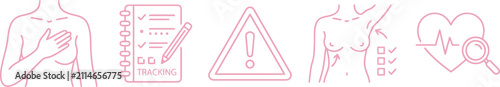 Breast cancer awareness icon set featuring body check-up, tracking, and medical alert symbols for women's health, continuous line art minimalist vector illustration.