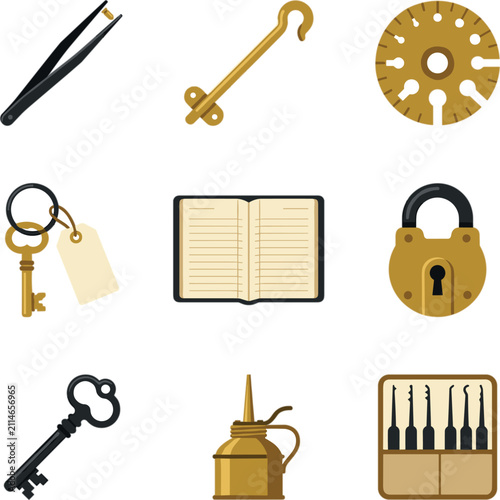 Collection of locksmith tools and vintage items, including tweezers, keys, padlock, oil can, and lock picks, presented as pixel art icons