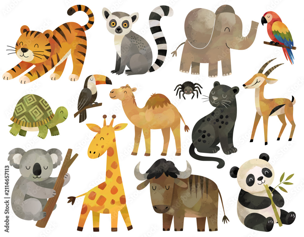 Obraz premium Watercolor wild animals. Elephant, panda, lemur, giraffe, panther, koala. Hand drawn jungle safari animals set.