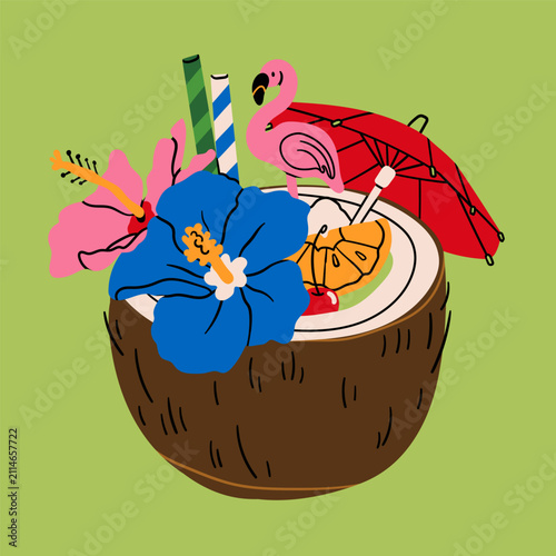Tiki bar. Summer Cocktail. Refreshing drink with fruit, flowers, straw, umbrella. Coconut shell glass. Hand drawn Vector illustration. Isolated design element. Logo, sticker, print template