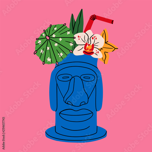 Tiki bar. Summer Cocktail. Refreshing drink with fruit, flowers, straw, umbrella. Tribal face, head shape glass. Hand drawn Vector illustration. Isolated design element. Logo, sticker, print template