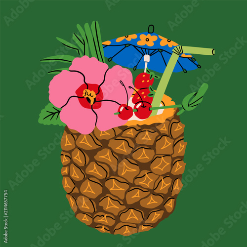 Tiki bar. Summer Cocktail. Refreshing drink with fruit, flowers, straw, umbrella. Pineapple glass. Hand drawn trendy Vector illustration. Isolated design element. Logo, sticker, print template