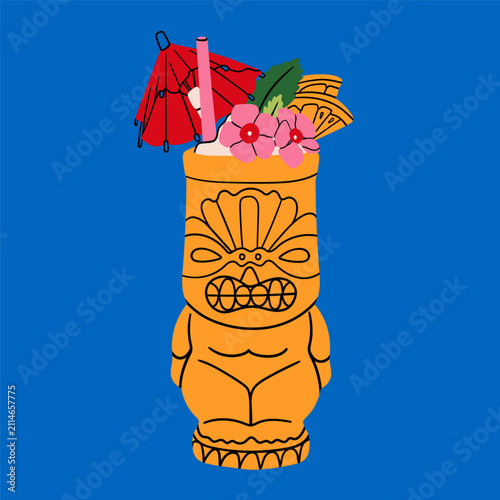 Tiki bar. Summer Cocktail. Fresh drink with fruit, flowers, straw, umbrella. Tribal face, statue shape glass. Hand drawn Vector illustration. Isolated design element. Logo, sticker, print template