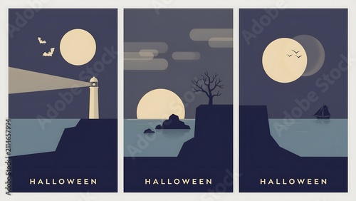 Spooky halloween poster set lighthouse tree and boat night scenes