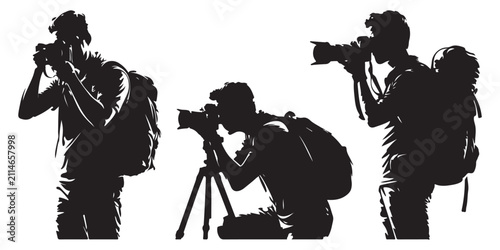 Foto Black silhouettes of adventurous travelers and photographers with heavy backpacks holding cameras and equipment for travel photography