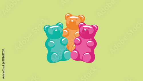 Colorful sweet gummy bear candies in teal, orange, and pink shades standing close together on a plain green background.